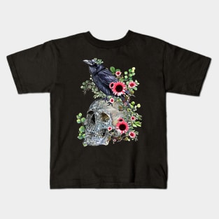 Black raven with skull and leaves crow, skeleton leaves eucaliptus and pink sunflowers Kids T-Shirt